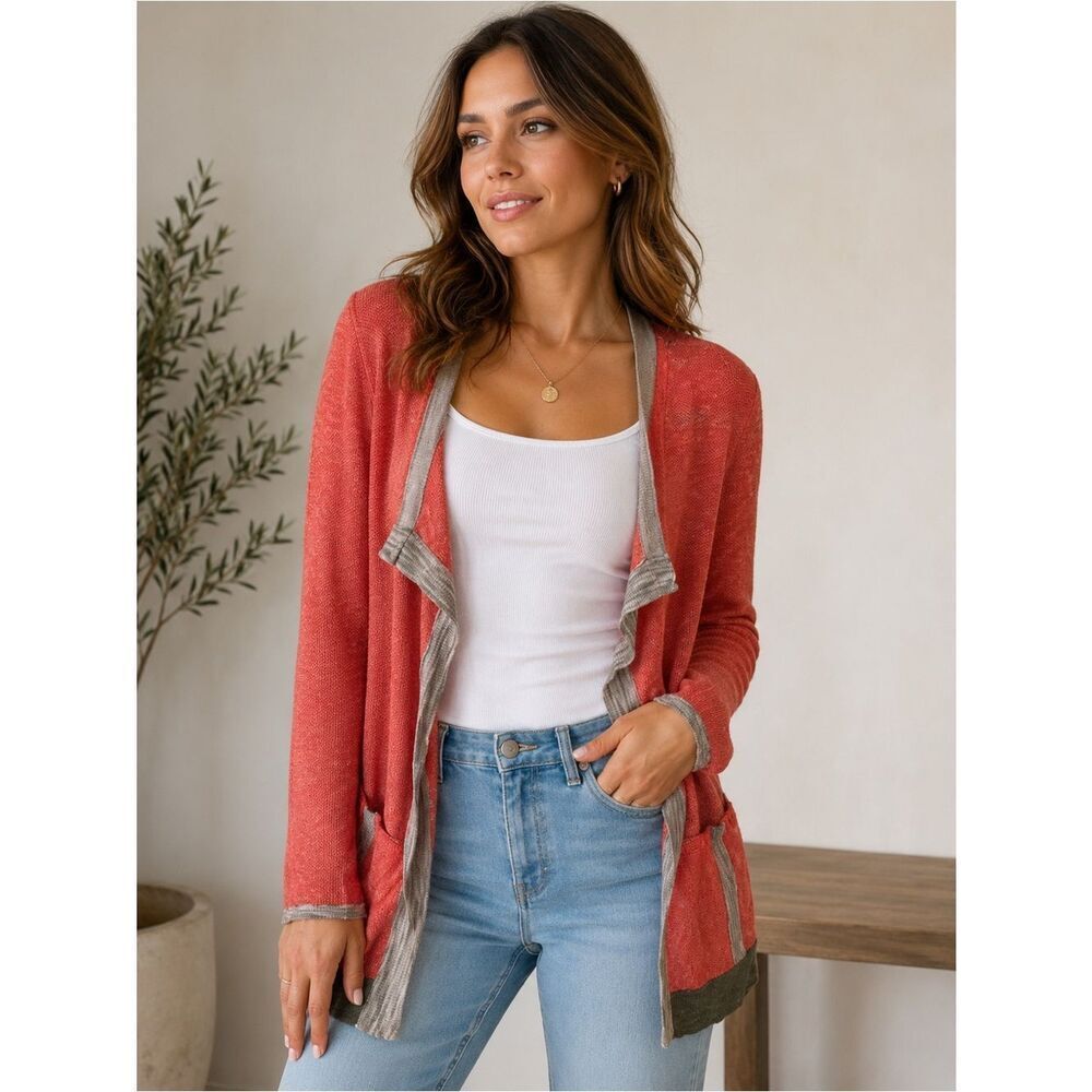Curio New York Coral Color Linen Blend Open Front Light Cardigan Size M